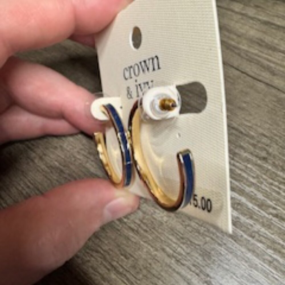 Crown & Ivy 3/4 Hoop Golden Earrings with Blue Inlay - Picture 4 of 4